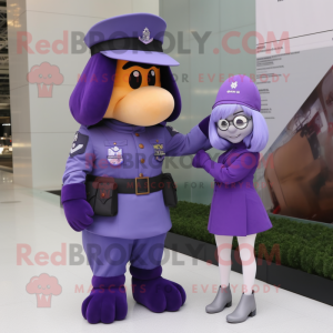 Purple Air Force Soldier mascot costume character dressed with a Pencil Skirt and Bracelet watches