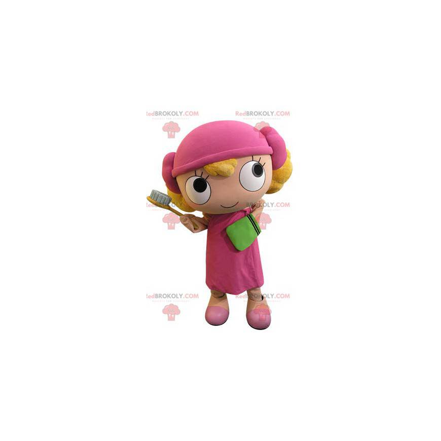 Mascote loira vestida de rosa - Redbrokoly.com