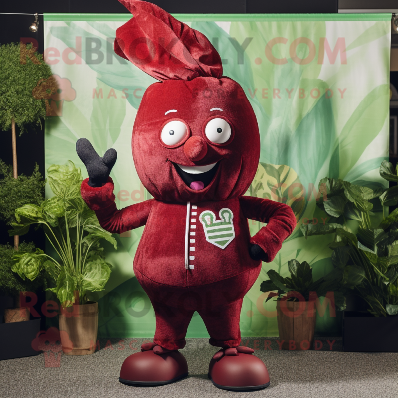 Maroon Beet mascot costume character dressed with a Playsuit and Tie pins