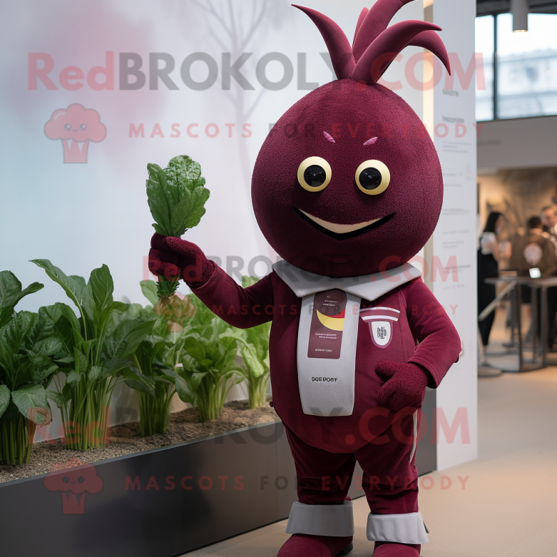 Maroon Beet mascot costume character dressed with a Playsuit and Tie pins