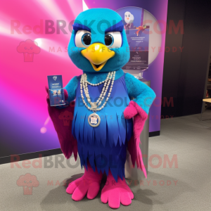Magenta Blue Jay mascot costume character dressed with a Pencil Skirt and Necklaces