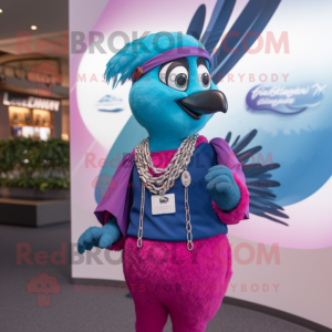 Magenta Blue Jay mascot costume character dressed with a Pencil Skirt and Necklaces