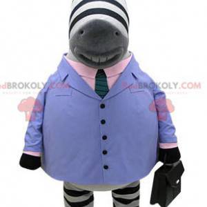 Zebra mascotte gekleed in een blauw pak met stropdas -