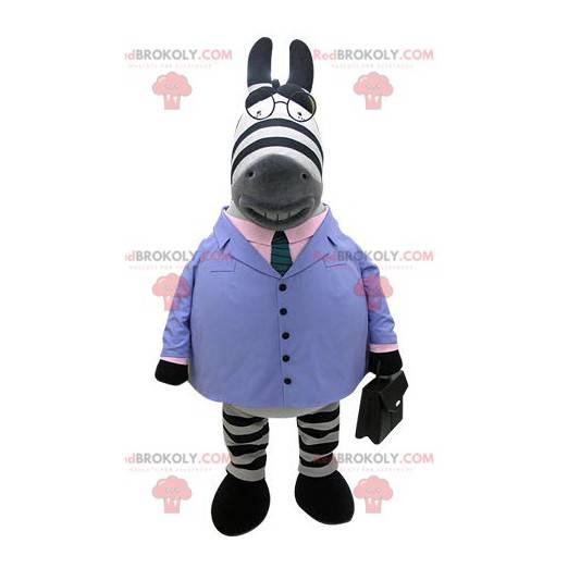 Mascotte zebra vestito con un abito blu con cravatta -