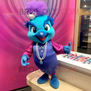 Magenta Blue Jay mascot costume character dressed with a Pencil Skirt and Necklaces