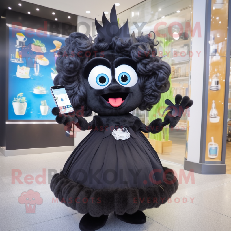 Black Phone mascot costume character dressed with a Ball Gown and Hair clips Black Phone mascot costume character dressed with a Ball Gown and Hair clips