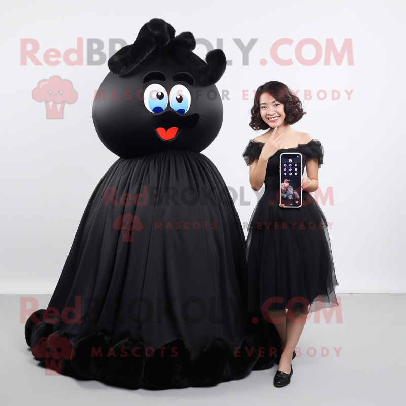Black Phone mascot costume character dressed with a Ball Gown and Hair clips Black Phone mascot costume character dressed with a Ball Gown and Hair clips