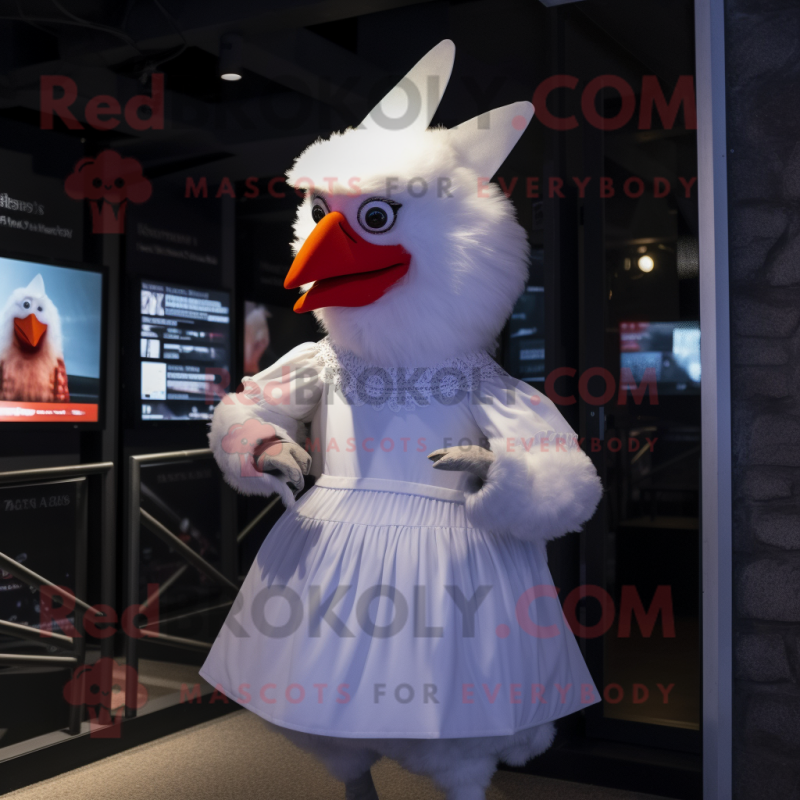 White Hens mascot costume character dressed with a Midi Dress and Suspenders White Hens mascot costume character dressed with a Midi Dress and Suspenders