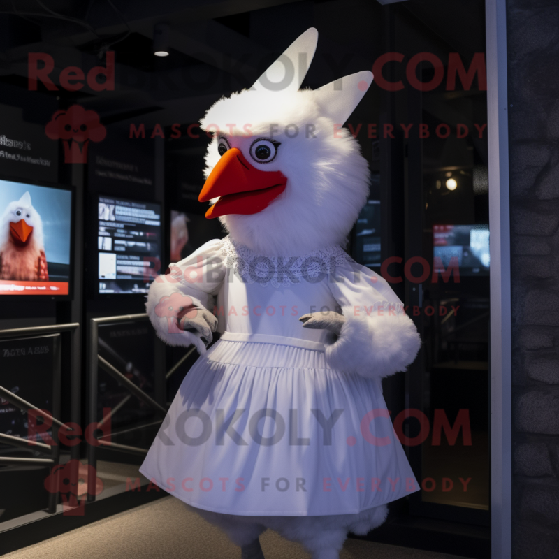 White Hens mascot costume character dressed with a Midi Dress and Suspenders