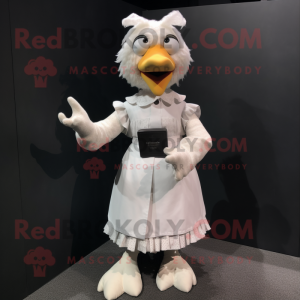 White Hens mascot costume character dressed with a Midi Dress and Suspenders