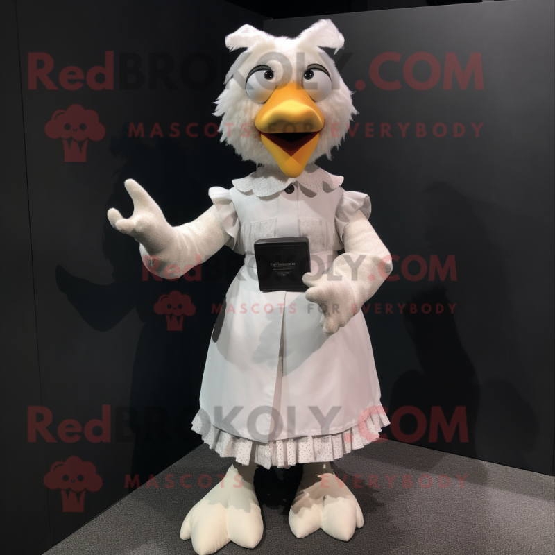 White Hens mascot costume character dressed with a Midi Dress and Suspenders White Hens mascot costume character dressed with a Midi Dress and Suspenders