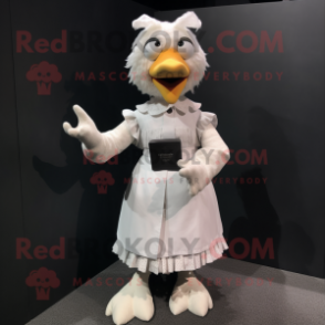 White Hens mascot costume character dressed with a Midi Dress and Suspenders