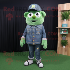 Forest Green Green Beer mascot costume character dressed with a Denim Shirt and Foot pads