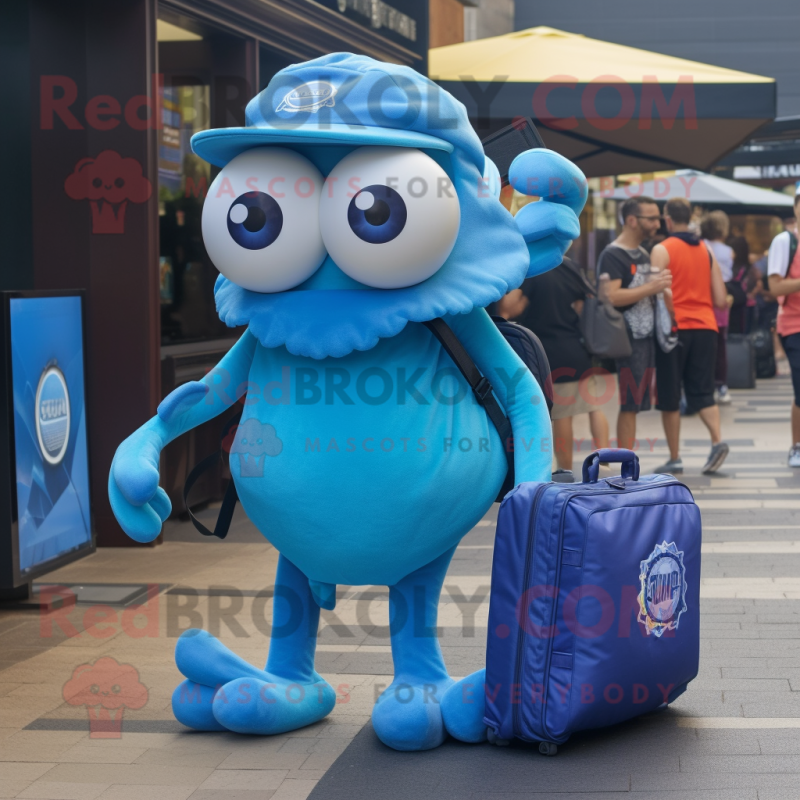 Blue Fried Calamari mascot costume character dressed with a T-Shirt and Messenger bags