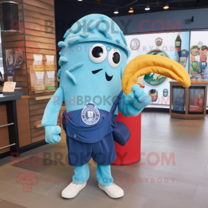 Blue Fried Calamari mascot costume character dressed with a T-Shirt and Messenger bags