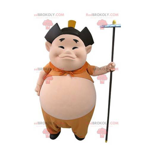 Asiatisches Mannmaskottchen mit einem dicken Bauch -