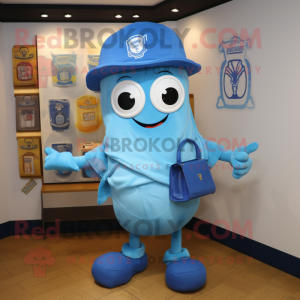 Blue Fried Calamari mascot costume character dressed with a T-Shirt and Messenger bags