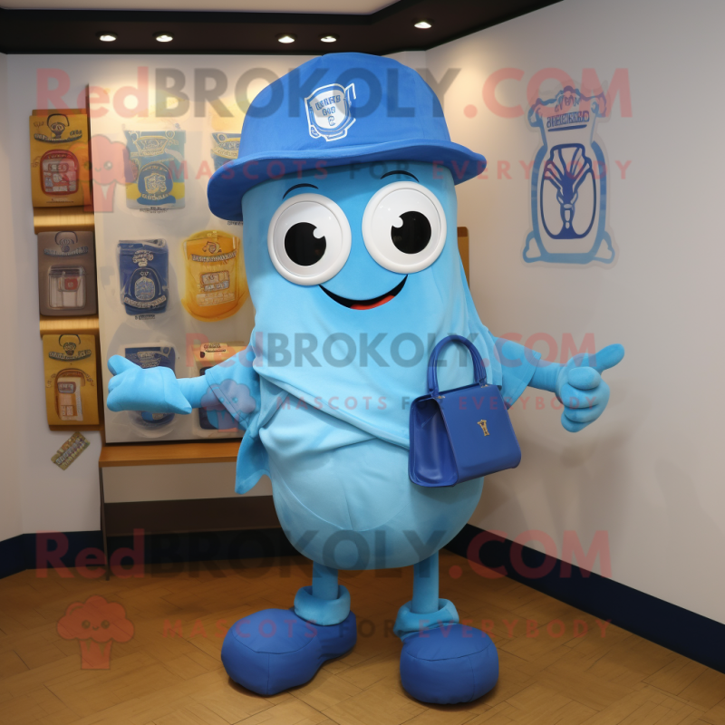 Blue Fried Calamari mascot costume character dressed with a T-Shirt and Messenger bags