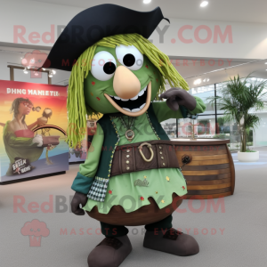 Olive Pirate mascot costume character dressed with a Pencil Skirt and Shoe clips