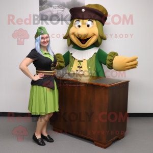 Olive Pirate mascot costume character dressed with a Pencil Skirt and Shoe clips