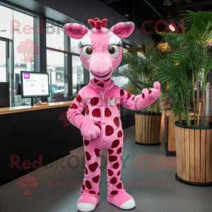 Pink Giraffe mascot costume character dressed with a Jumpsuit and Keychains