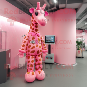 Pink Giraffe mascot costume character dressed with a Jumpsuit and Keychains