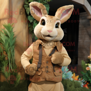Tan Wild Rabbit mascot costume character dressed with a Waistcoat and Rings