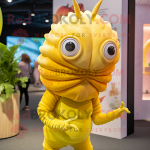 Lemon Yellow Trilobite mascot costume character dressed with a Romper and Hairpins