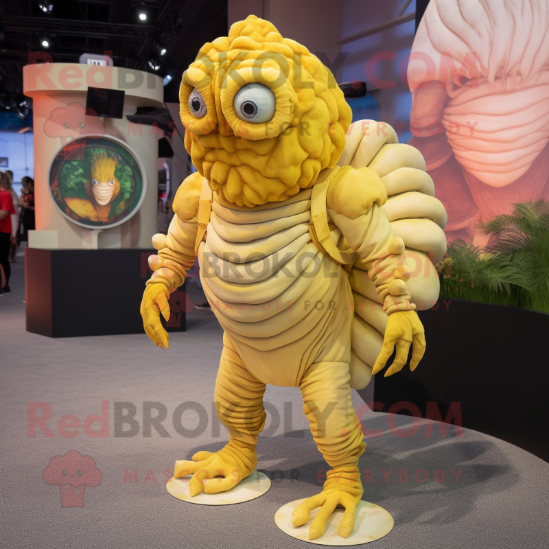 Lemon Yellow Trilobite mascot costume character dressed with a Romper and Hairpins Lemon Yellow Trilobite mascot costume character dressed with a Romper and Hairpins