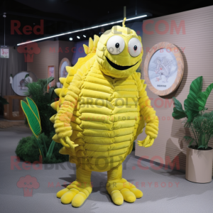 Lemon Yellow Trilobite mascot costume character dressed with a Romper and Hairpins