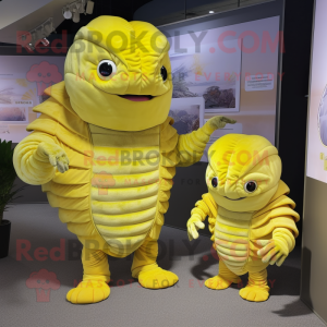 Lemon Yellow Trilobite mascot costume character dressed with a Romper and Hairpins