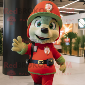 Olive Fire Fighter mascot costume character dressed with a T-Shirt and Hat pins