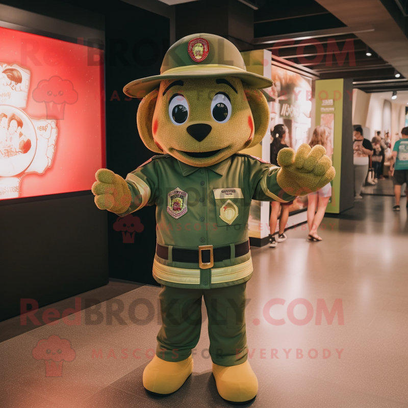 Olive Fire Fighter mascot costume character dressed with a T-Shirt and Hat pins