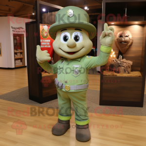 Olive Fire Fighter mascot costume character dressed with a T-Shirt and Hat pins