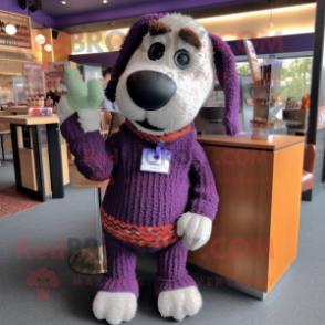 Purple Shepard'S Pie mascot costume character dressed with a Sweater and Ties