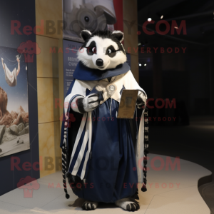 Navy Badger mascot costume character dressed with a Wrap Skirt and Shawl pins