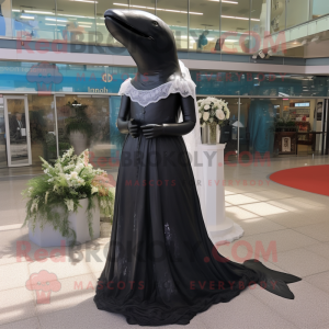 Black Humpback Whale mascot costume character dressed with a Wedding Dress and Foot pads