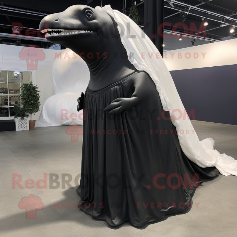 Black Humpback Whale mascot costume character dressed with a Wedding Dress and Foot pads