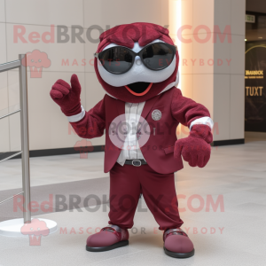 Maroon Wrist Watch mascot costume character dressed with a Suit Jacket and Sunglasses