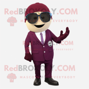 Maroon Wrist Watch mascot costume character dressed with a Suit Jacket and Sunglasses