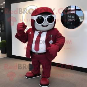 Maroon Wrist Watch mascot costume character dressed with a Suit Jacket and Sunglasses