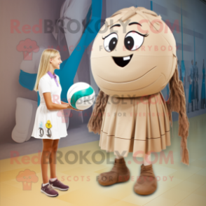 Tan Volleyball Ball mascot costume character dressed with a Wrap Dress and Ties