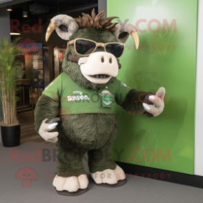 Forest Green Woolly Rhinoceros mascot costume character dressed with a Henley Shirt and Sunglasses