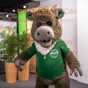 Forest Green Woolly Rhinoceros mascot costume character dressed with a Henley Shirt and Sunglasses