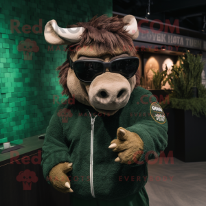 Forest Green Woolly Rhinoceros mascot costume character dressed with a Henley Shirt and Sunglasses