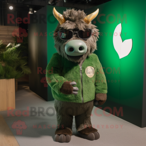 Forest Green Woolly Rhinoceros mascot costume character dressed with a Henley Shirt and Sunglasses