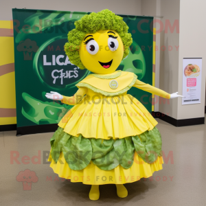 Yellow Caesar Salad mascot costume character dressed with a Circle Skirt and Hair clips