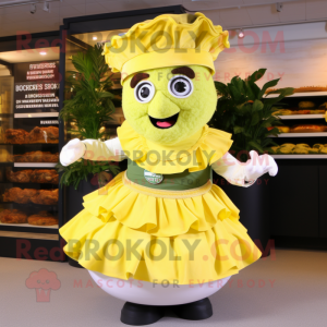 Yellow Caesar Salad mascot costume character dressed with a Circle Skirt and Hair clips