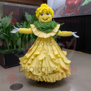 Yellow Caesar Salad mascot costume character dressed with a Circle Skirt and Hair clips