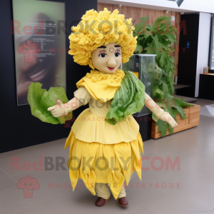 Yellow Caesar Salad mascot costume character dressed with a Circle Skirt and Hair clips